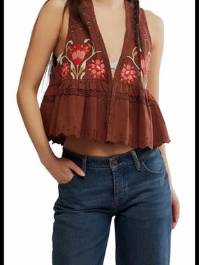 Free People Bali Vine Whispers Top Brown Embroidered V-Neck Peplum